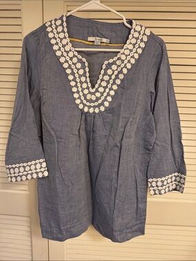 Boden Light Blue Chambray Tunic with White Embroidered Trim